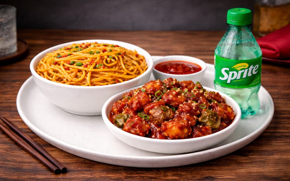 Chilli Garlic Noodles + Crispy Veg + Soft Drink